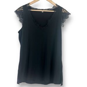 Boutique Women's L Lace Trim Flutter‎ Sleeve VNeck Top Black Sophisticated Basic